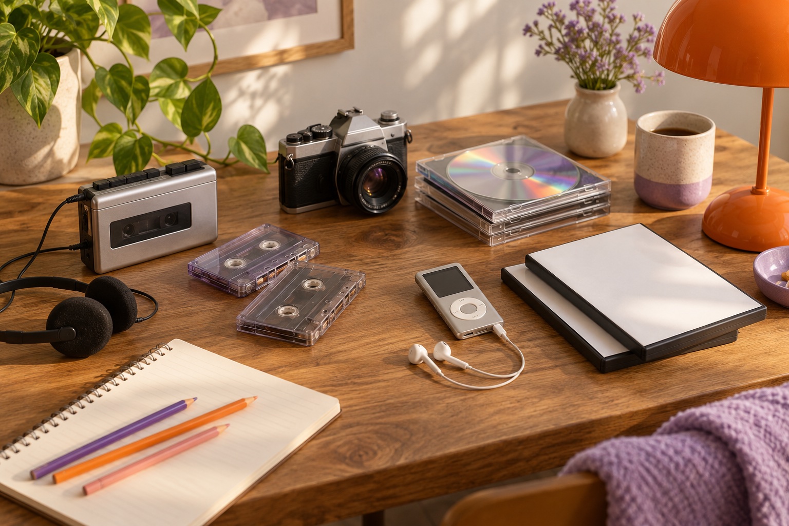 Recreated cross-era table with music, photography and desk objects